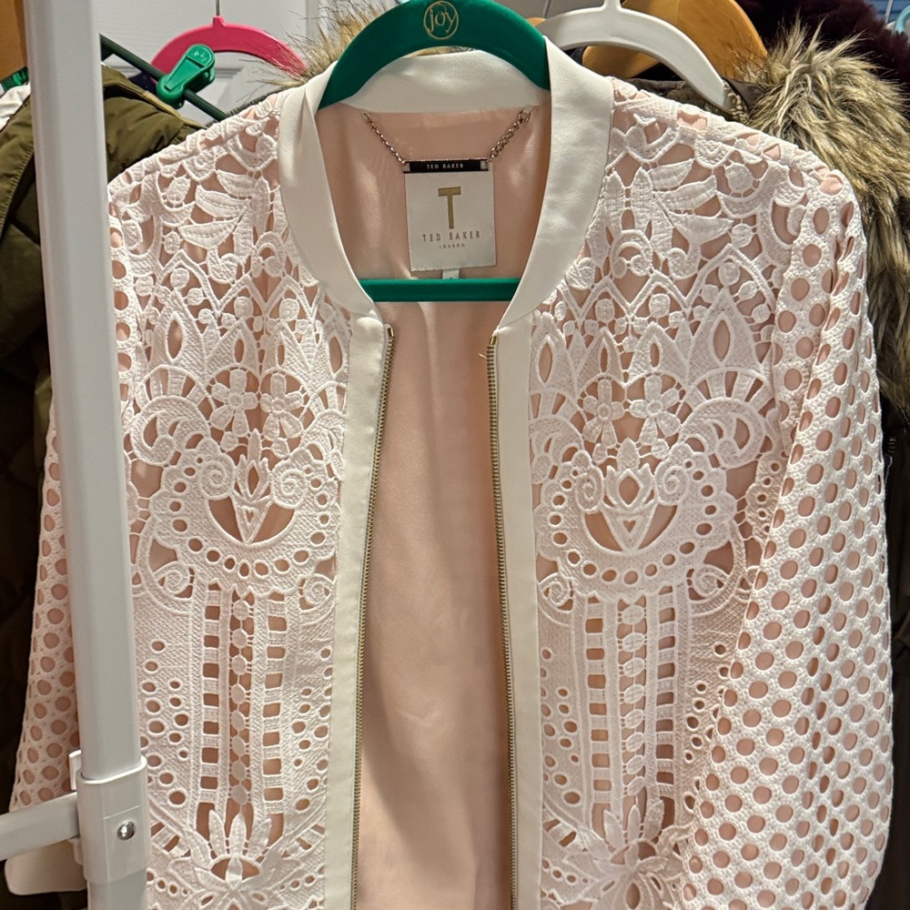 T Tahari Women's Cream and Pink Lace Bomber Jacket
